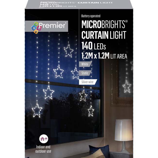 MICROBRIGHT STAR CURTAIN LIGHT 140L BATTERY OPERATED WHITE 1.2M 