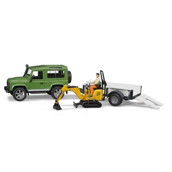 BRUDER LAND ROVER DEFENDER WITH TRAILER AND JCB MICRO EXCAVATOR